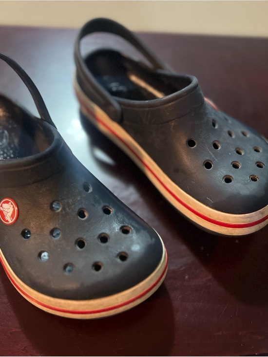 CROCS Other - CROCS Kids Blue Clogs with Red and White Stripe Detail